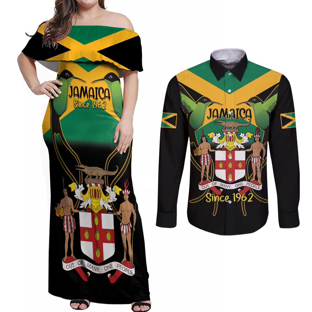 Jamaica Independence Day Couples Matching Off Shoulder Maxi Dress and Long Sleeve Button Shirt Jumieka Coat Of Arms Mix Hummingbird
