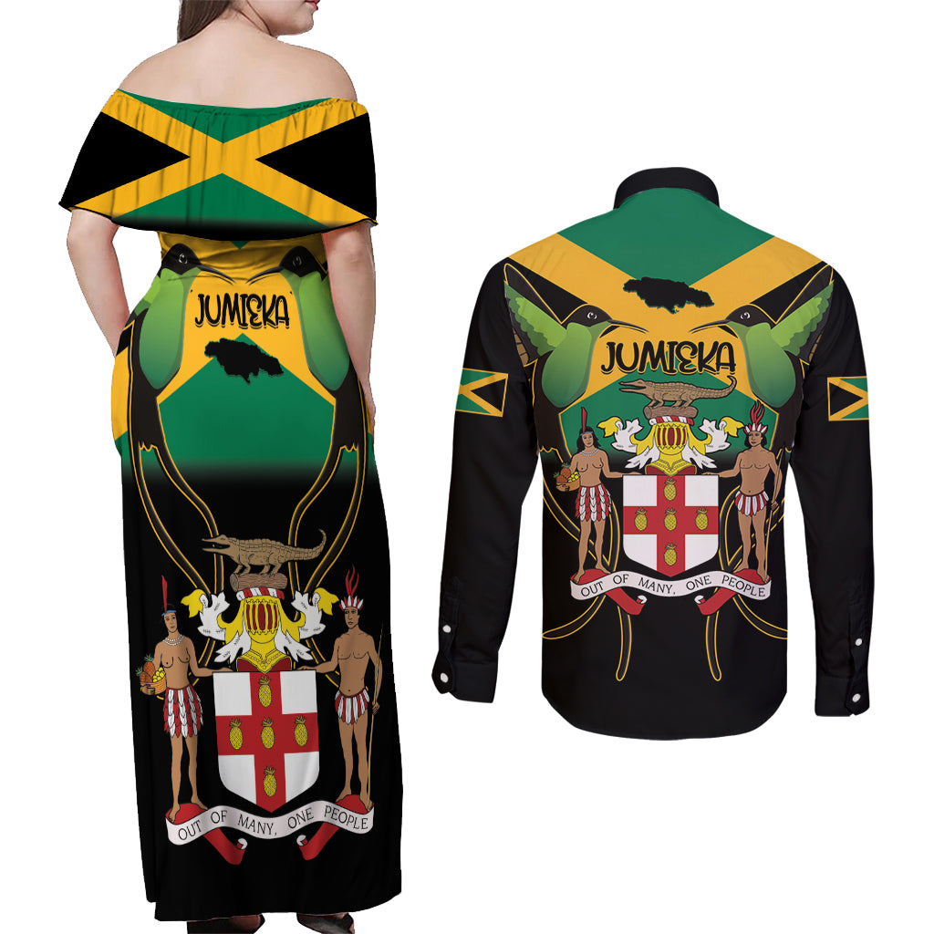 Jamaica Independence Day Couples Matching Off Shoulder Maxi Dress and Long Sleeve Button Shirt Jumieka Coat Of Arms Mix Hummingbird - Wonder Print Shop