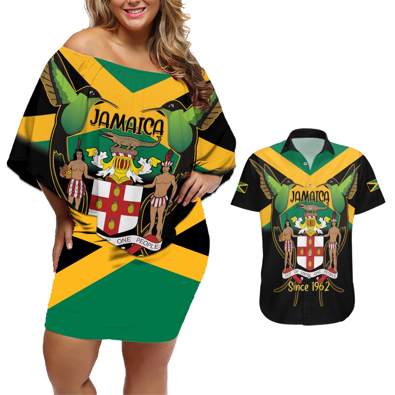 Jamaica Independence Day Couples Matching Off Shoulder Short Dress and Hawaiian Shirt Jumieka Coat Of Arms Mix Hummingbird