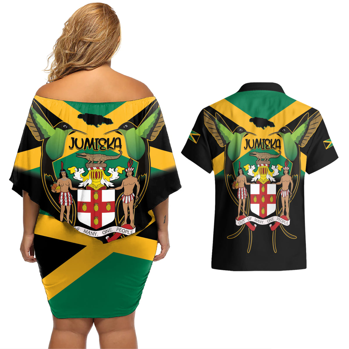 Jamaica Independence Day Couples Matching Off Shoulder Short Dress and Hawaiian Shirt Jumieka Coat Of Arms Mix Hummingbird - Wonder Print Shop