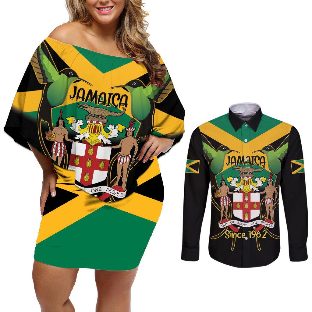 Jamaica Independence Day Couples Matching Off Shoulder Short Dress and Long Sleeve Button Shirt Jumieka Coat Of Arms Mix Hummingbird