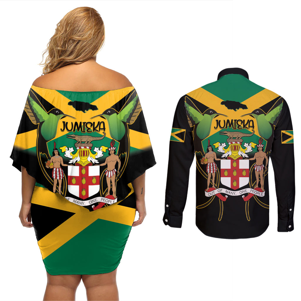 Jamaica Independence Day Couples Matching Off Shoulder Short Dress and Long Sleeve Button Shirt Jumieka Coat Of Arms Mix Hummingbird - Wonder Print Shop