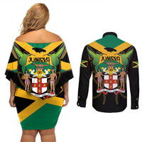 Jamaica Independence Day Couples Matching Off Shoulder Short Dress and Long Sleeve Button Shirt Jumieka Coat Of Arms Mix Hummingbird - Wonder Print Shop