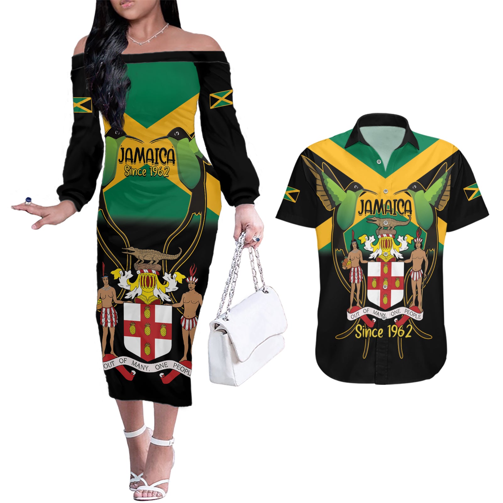 Jamaica Independence Day Couples Matching Off The Shoulder Long Sleeve Dress and Hawaiian Shirt Jumieka Coat Of Arms Mix Hummingbird