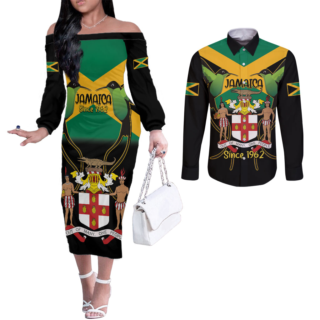 Jamaica Independence Day Couples Matching Off The Shoulder Long Sleeve Dress and Long Sleeve Button Shirt Jumieka Coat Of Arms Mix Hummingbird