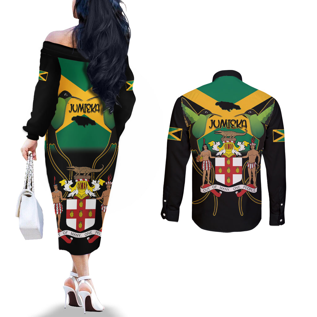 Jamaica Independence Day Couples Matching Off The Shoulder Long Sleeve Dress and Long Sleeve Button Shirt Jumieka Coat Of Arms Mix Hummingbird