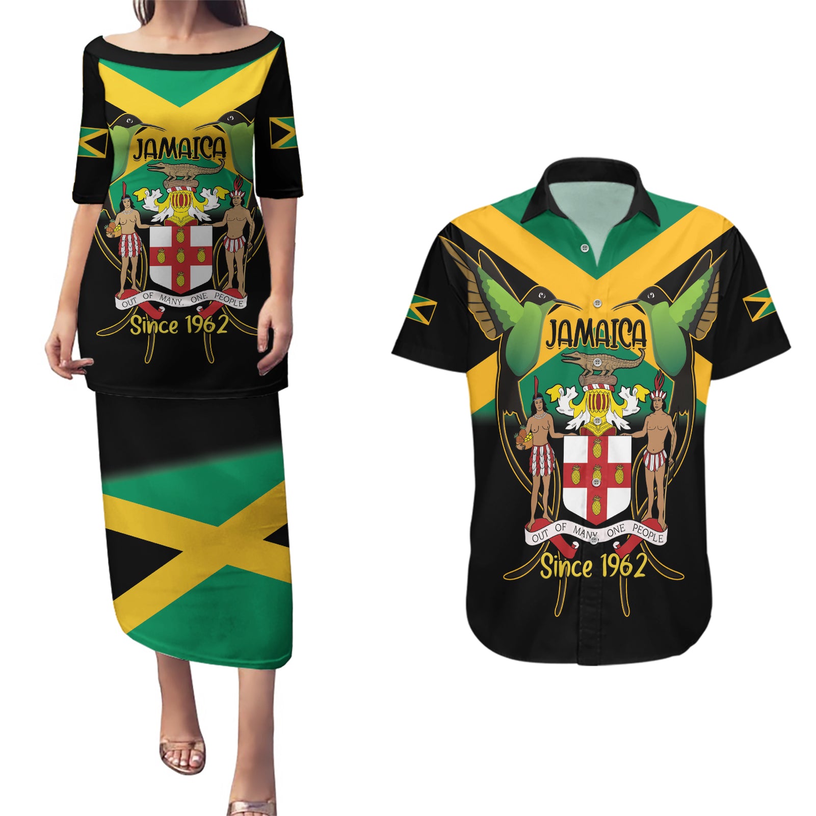 Jamaica Independence Day Couples Matching Puletasi and Hawaiian Shirt Jumieka Coat Of Arms Mix Hummingbird