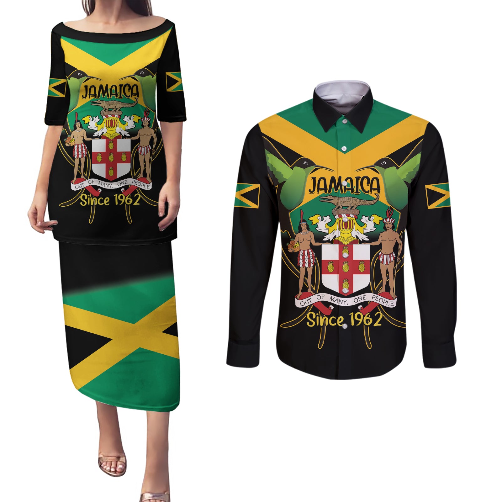 Jamaica Independence Day Couples Matching Puletasi and Long Sleeve Button Shirt Jumieka Coat Of Arms Mix Hummingbird