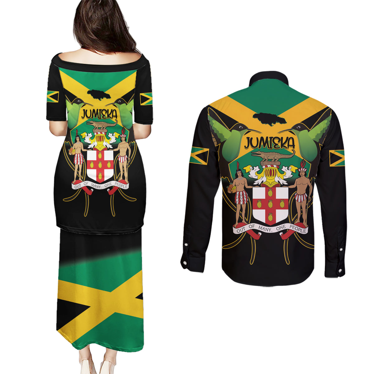 Jamaica Independence Day Couples Matching Puletasi and Long Sleeve Button Shirt Jumieka Coat Of Arms Mix Hummingbird - Wonder Print Shop