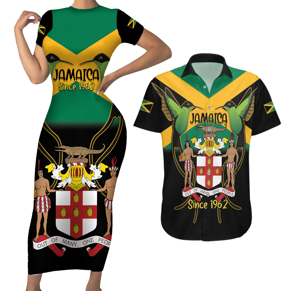 Jamaica Independence Day Couples Matching Short Sleeve Bodycon Dress and Hawaiian Shirt Jumieka Coat Of Arms Mix Hummingbird - Wonder Print Shop