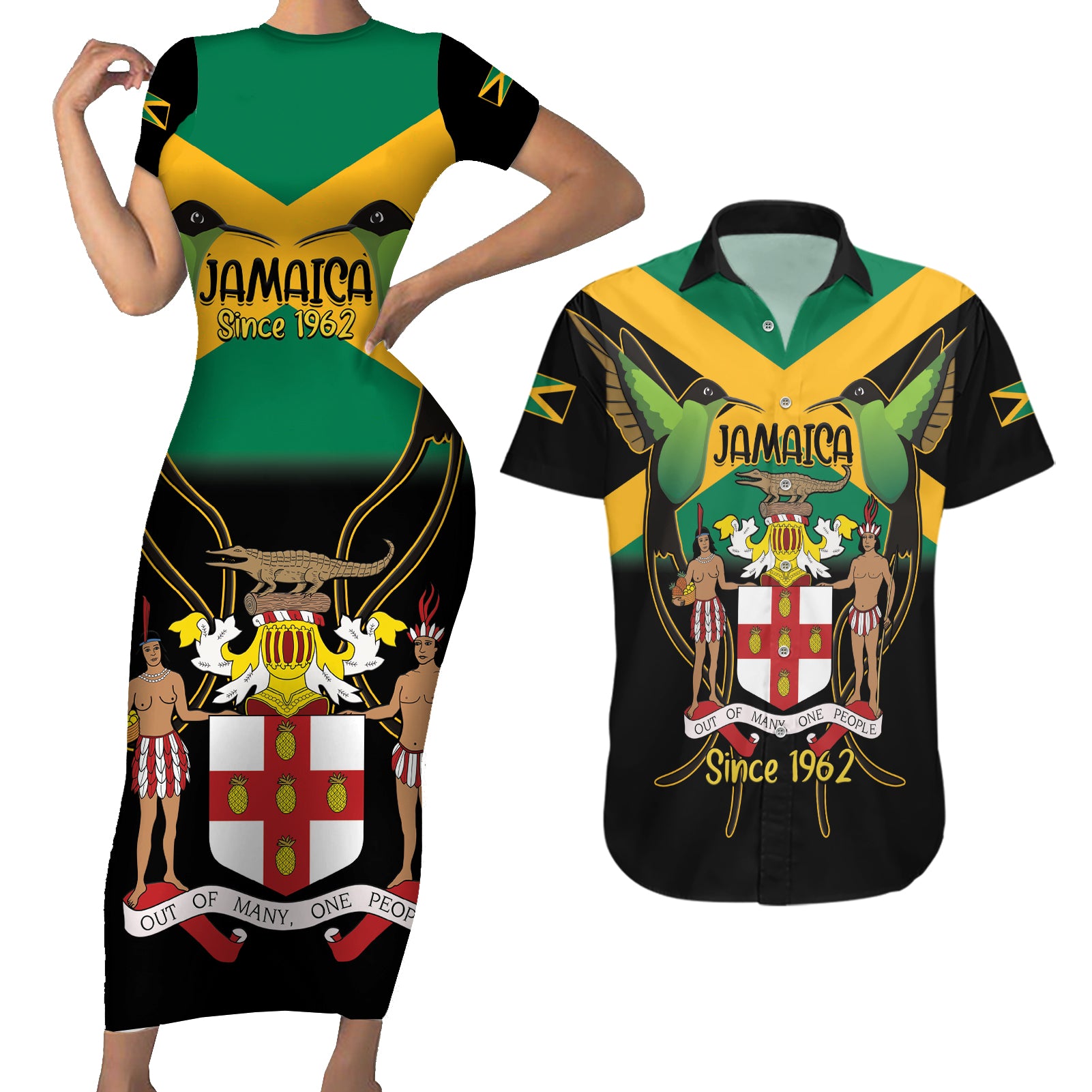 Jamaica Independence Day Couples Matching Short Sleeve Bodycon Dress and Hawaiian Shirt Jumieka Coat Of Arms Mix Hummingbird