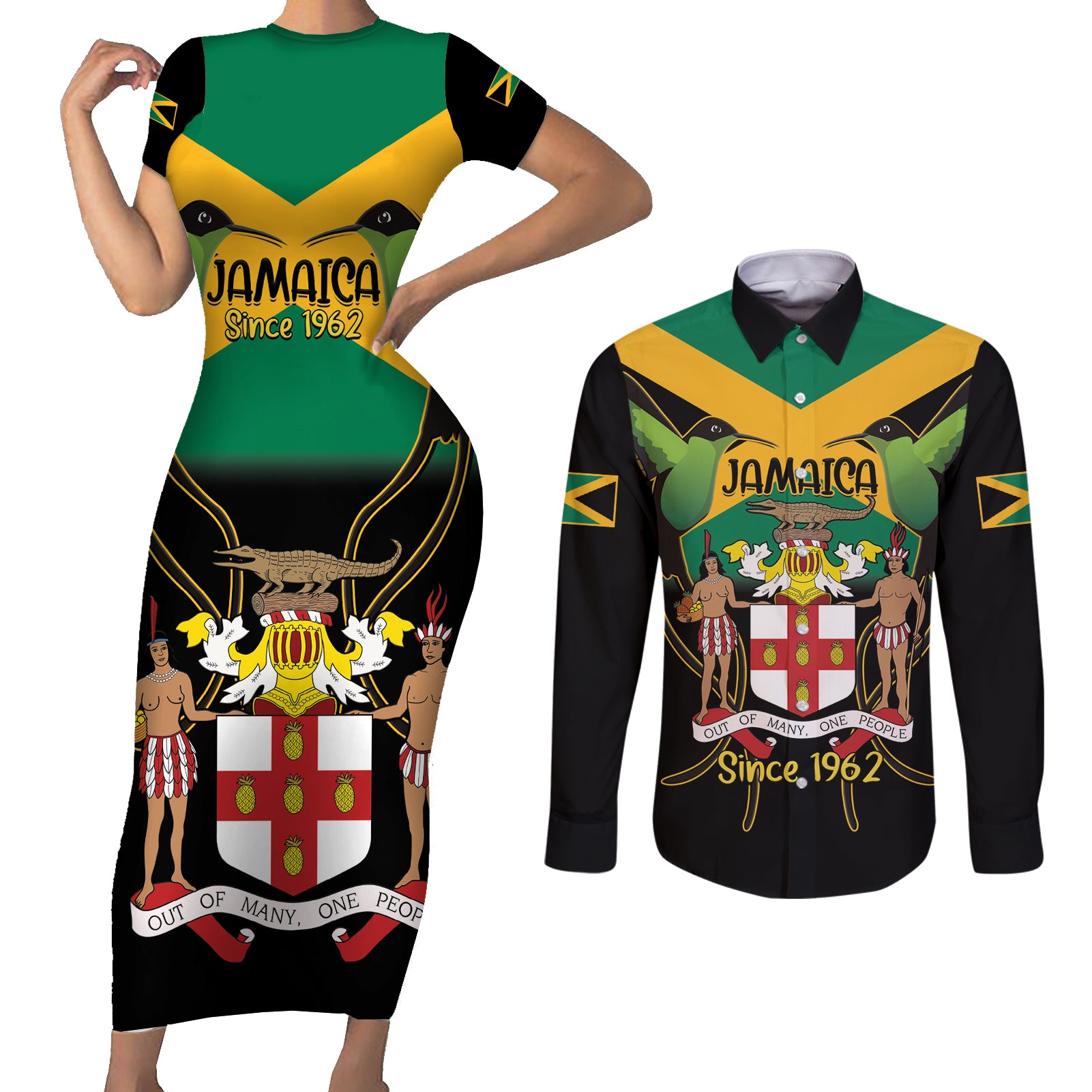 Jamaica Independence Day Couples Matching Short Sleeve Bodycon Dress and Long Sleeve Button Shirt Jumieka Coat Of Arms Mix Hummingbird