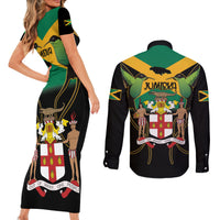 Jamaica Independence Day Couples Matching Short Sleeve Bodycon Dress and Long Sleeve Button Shirt Jumieka Coat Of Arms Mix Hummingbird - Wonder Print Shop