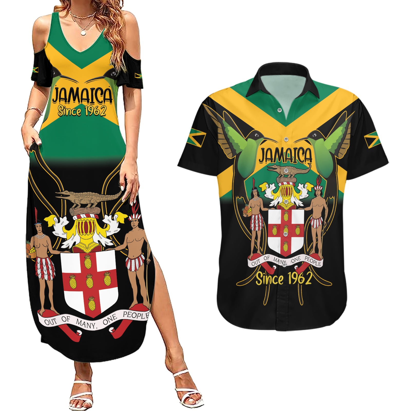 Jamaica Independence Day Couples Matching Summer Maxi Dress and Hawaiian Shirt Jumieka Coat Of Arms Mix Hummingbird