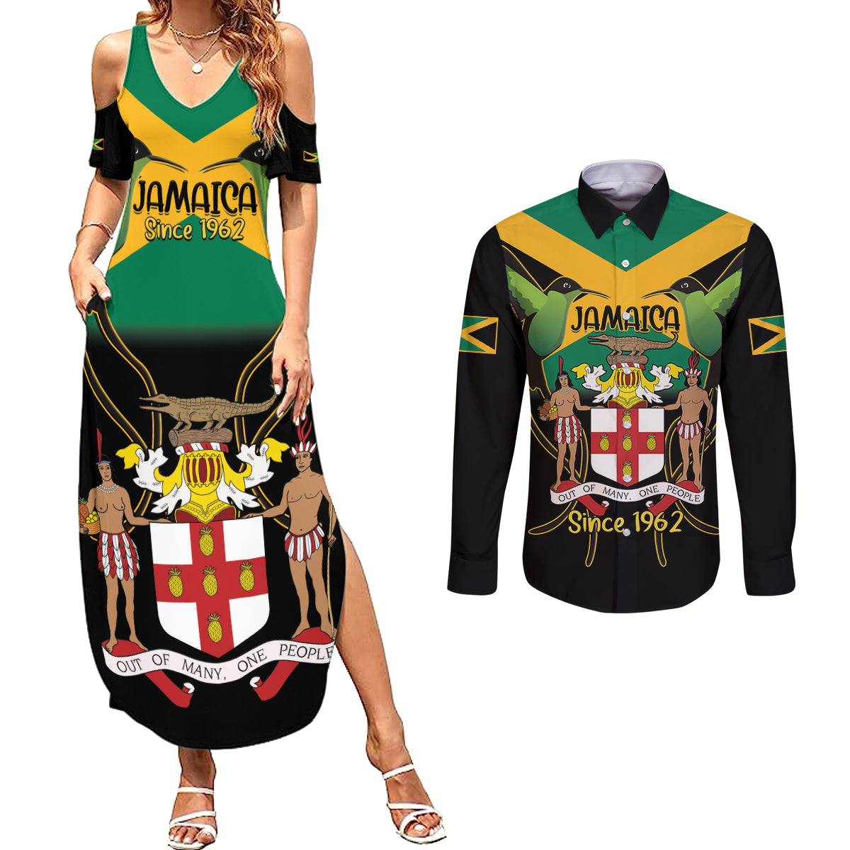 Jamaica Independence Day Couples Matching Summer Maxi Dress and Long Sleeve Button Shirt Jumieka Coat Of Arms Mix Hummingbird