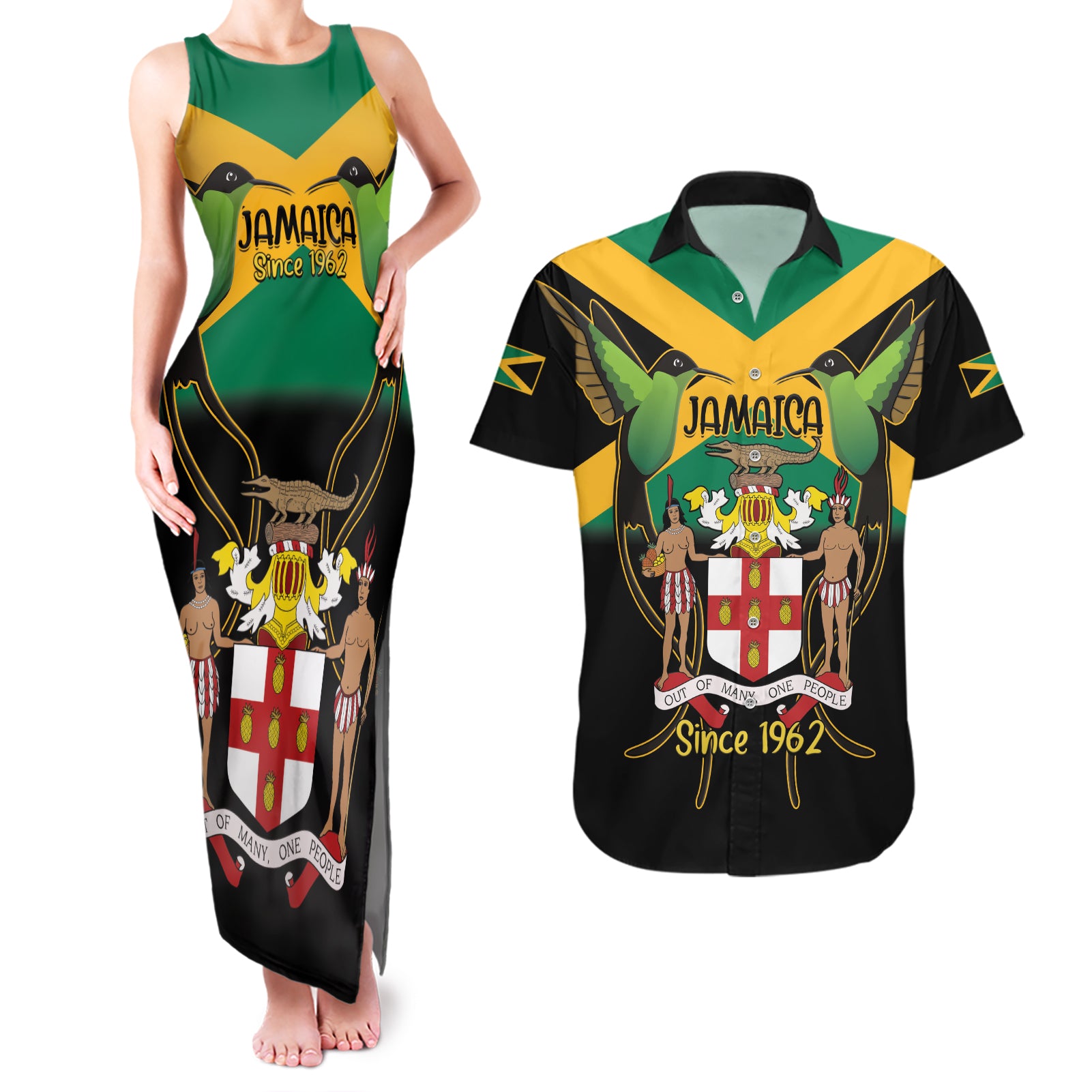 Jamaica Independence Day Couples Matching Tank Maxi Dress and Hawaiian Shirt Jumieka Coat Of Arms Mix Hummingbird