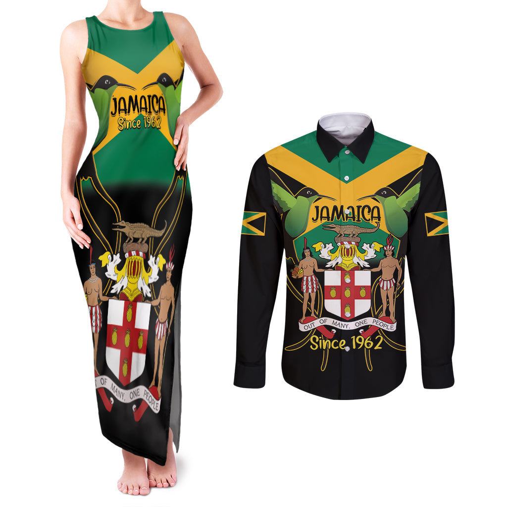 Jamaica Independence Day Couples Matching Tank Maxi Dress and Long Sleeve Button Shirt Jumieka Coat Of Arms Mix Hummingbird