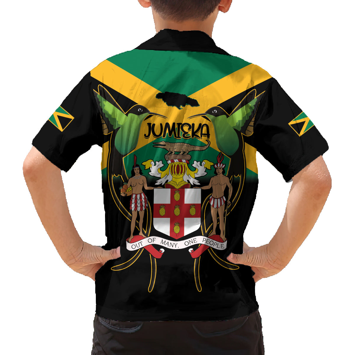 Jamaica Independence Day Family Matching Long Sleeve Bodycon Dress and Hawaiian Shirt Jumieka Coat Of Arms Mix Hummingbird - Wonder Print Shop