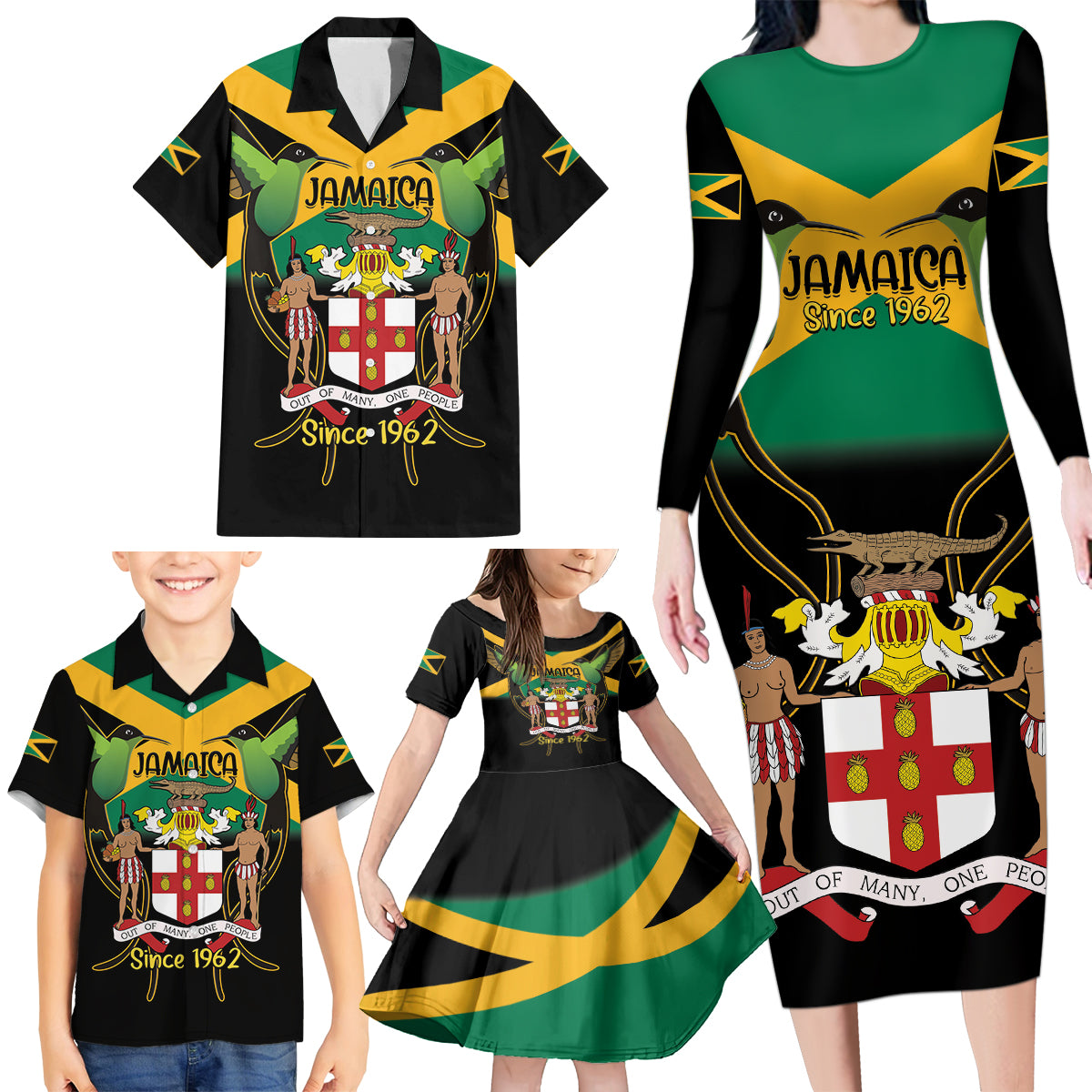 Jamaica Independence Day Family Matching Long Sleeve Bodycon Dress and Hawaiian Shirt Jumieka Coat Of Arms Mix Hummingbird - Wonder Print Shop