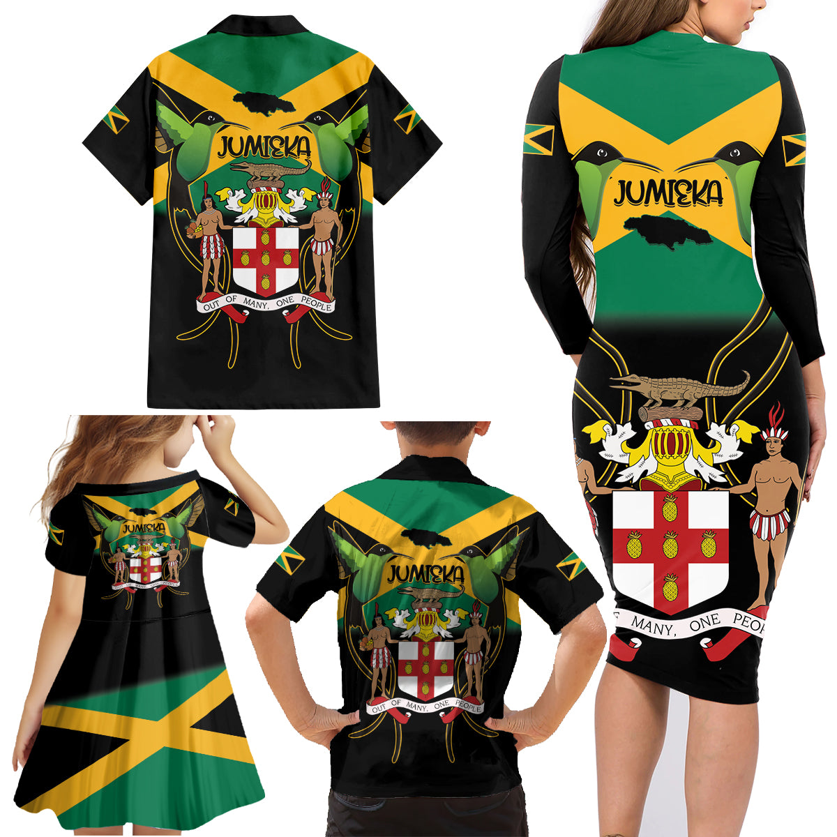 Jamaica Independence Day Family Matching Long Sleeve Bodycon Dress and Hawaiian Shirt Jumieka Coat Of Arms Mix Hummingbird - Wonder Print Shop