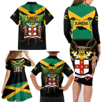 Jamaica Independence Day Family Matching Long Sleeve Bodycon Dress and Hawaiian Shirt Jumieka Coat Of Arms Mix Hummingbird - Wonder Print Shop