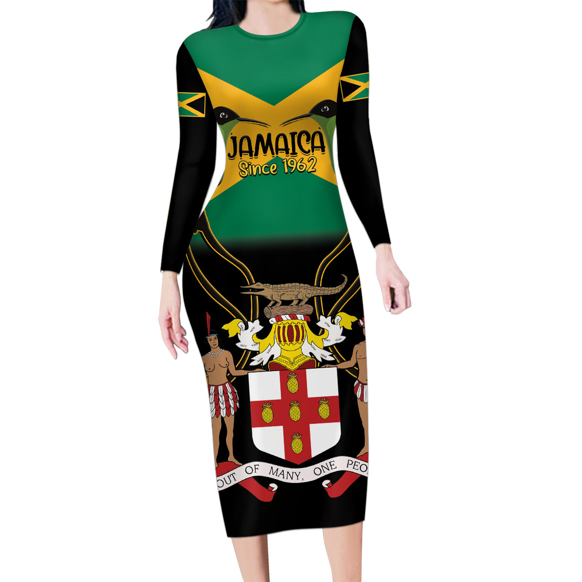 Jamaica Independence Day Family Matching Long Sleeve Bodycon Dress and Hawaiian Shirt Jumieka Coat Of Arms Mix Hummingbird - Wonder Print Shop