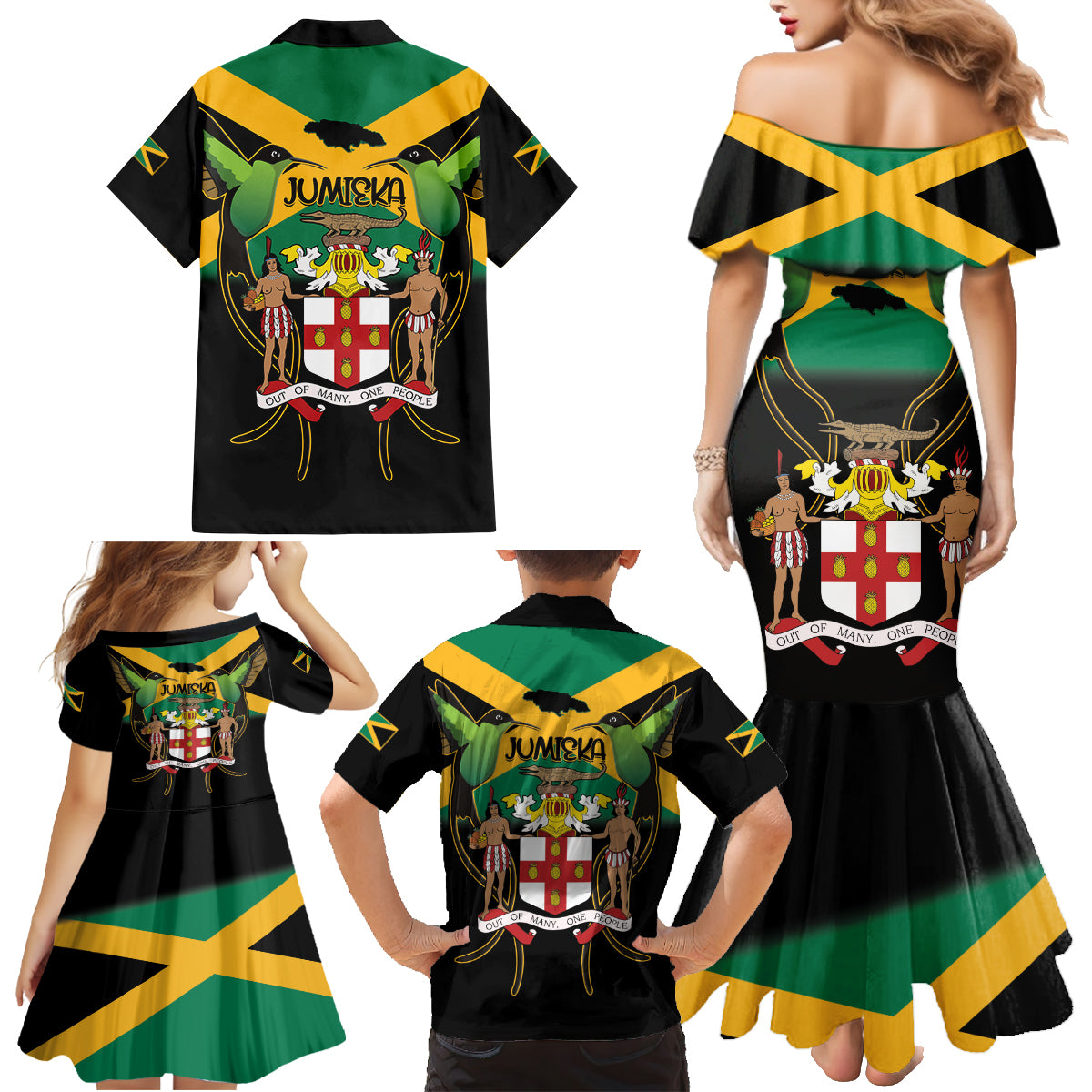 Jamaica Independence Day Family Matching Mermaid Dress and Hawaiian Shirt Jumieka Coat Of Arms Mix Hummingbird - Wonder Print Shop