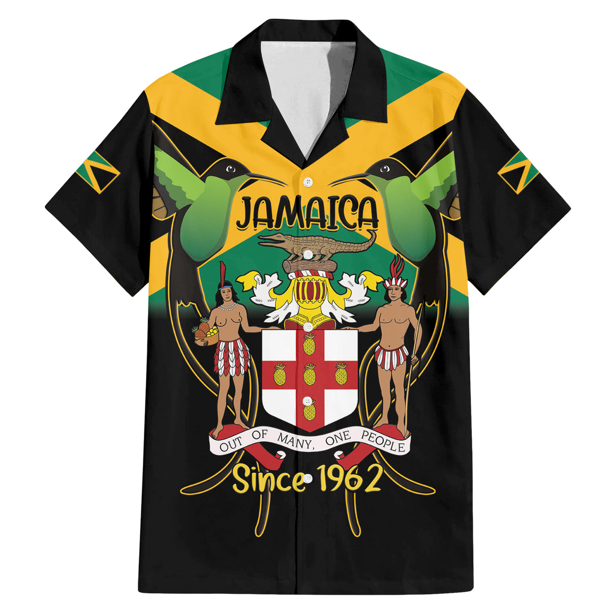 Jamaica Independence Day Family Matching Mermaid Dress and Hawaiian Shirt Jumieka Coat Of Arms Mix Hummingbird - Wonder Print Shop