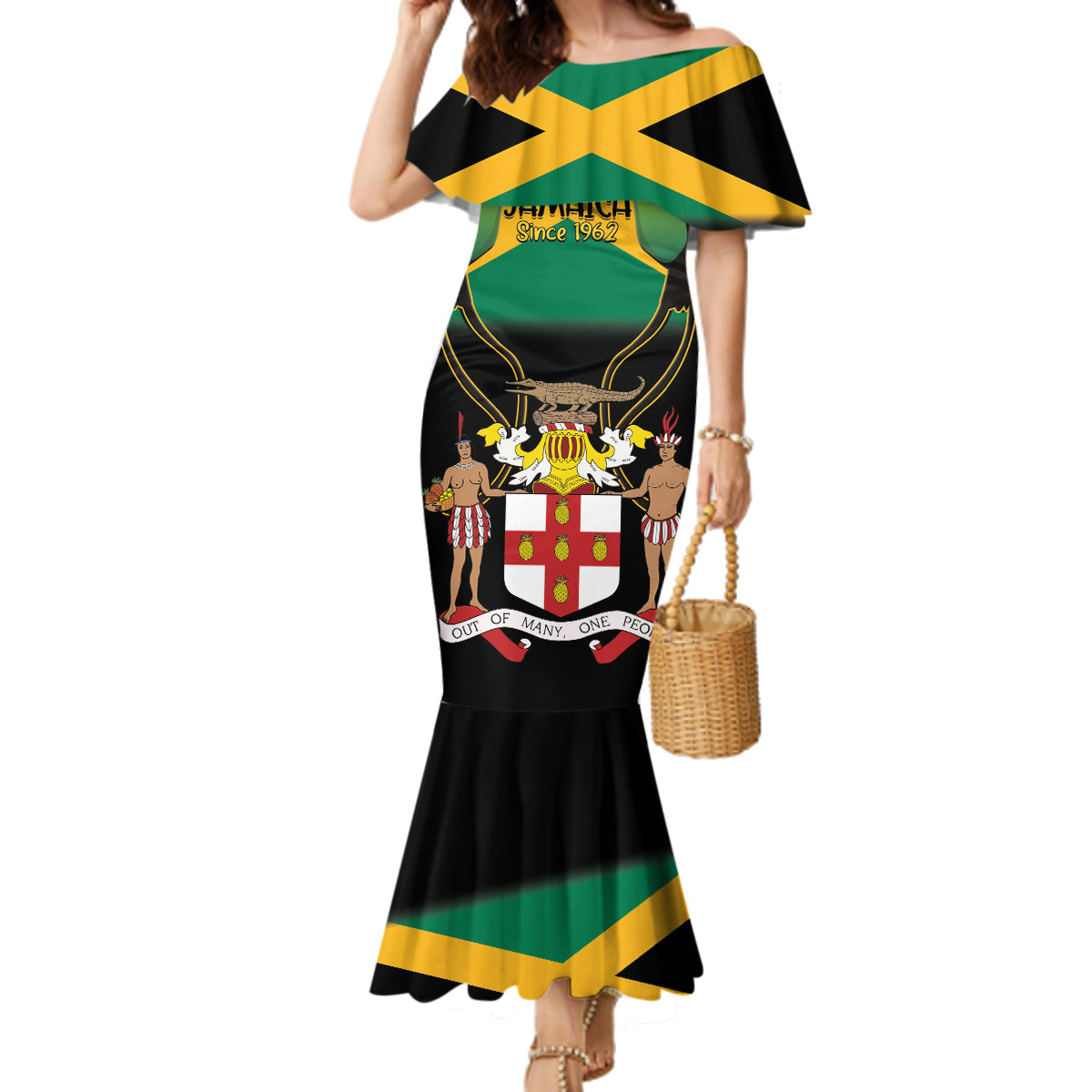 Jamaica Independence Day Family Matching Mermaid Dress and Hawaiian Shirt Jumieka Coat Of Arms Mix Hummingbird - Wonder Print Shop