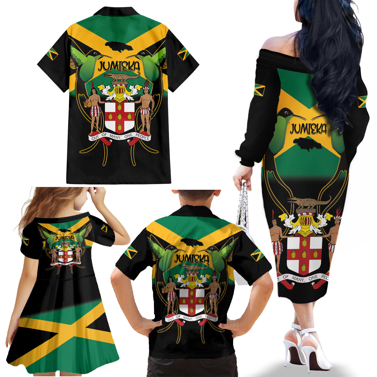 Jamaica Independence Day Family Matching Off The Shoulder Long Sleeve Dress and Hawaiian Shirt Jumieka Coat Of Arms Mix Hummingbird - Wonder Print Shop