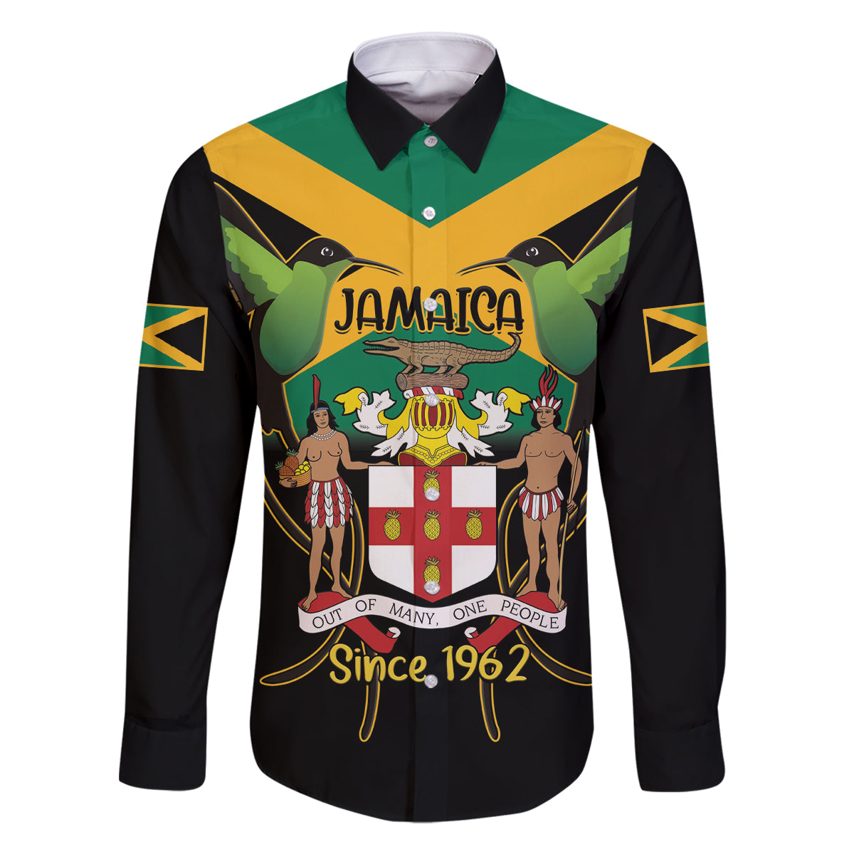 Jamaica Independence Day Family Matching Off The Shoulder Long Sleeve Dress and Hawaiian Shirt Jumieka Coat Of Arms Mix Hummingbird - Wonder Print Shop