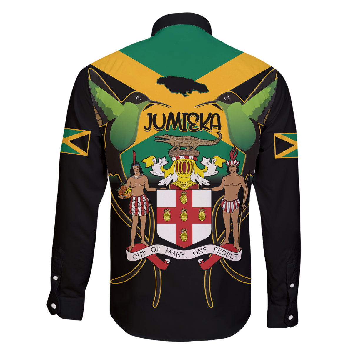 Jamaica Independence Day Family Matching Off Shoulder Maxi Dress and Hawaiian Shirt Jumieka Coat Of Arms Mix Hummingbird - Wonder Print Shop