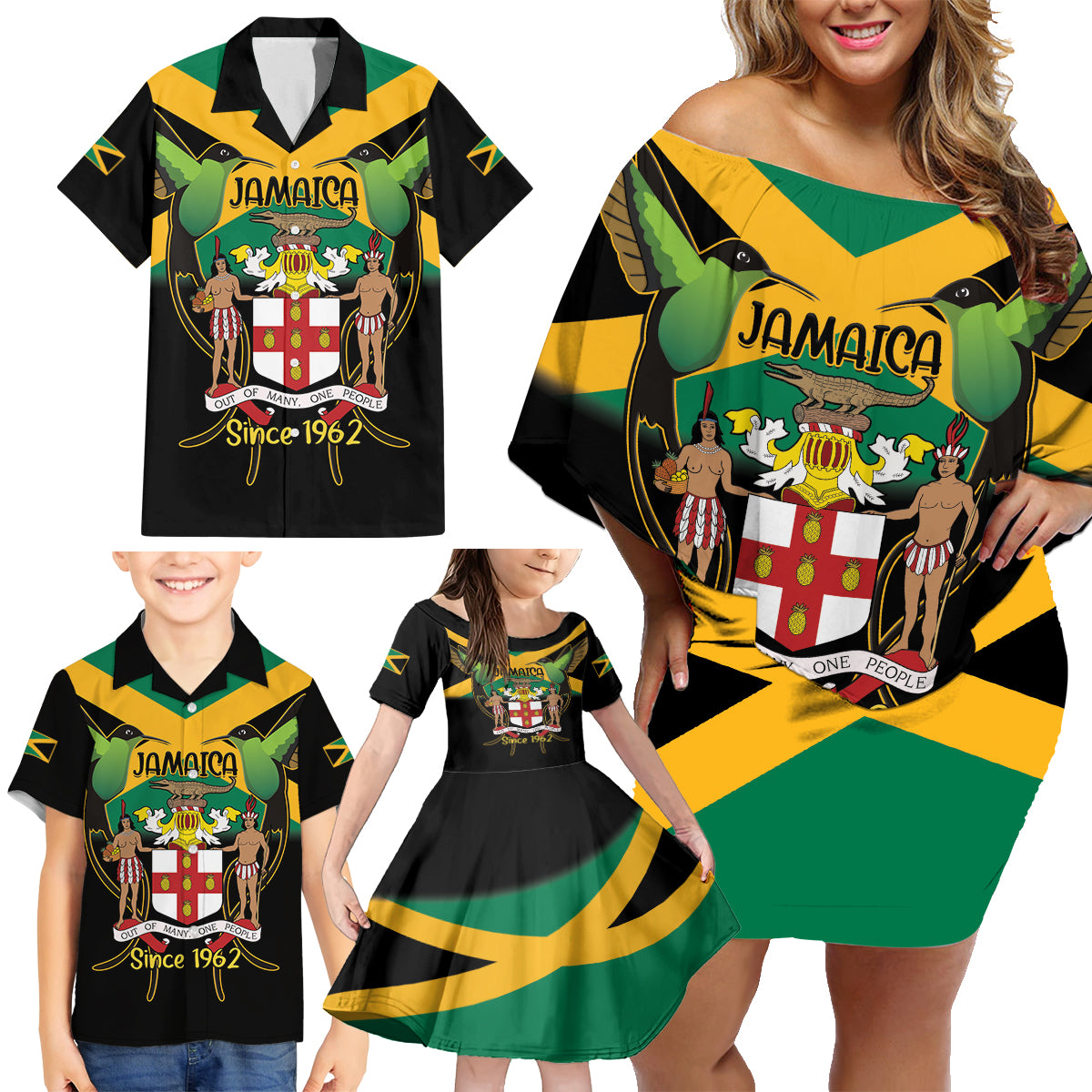 Jamaica Independence Day Family Matching Off Shoulder Short Dress and Hawaiian Shirt Jumieka Coat Of Arms Mix Hummingbird - Wonder Print Shop