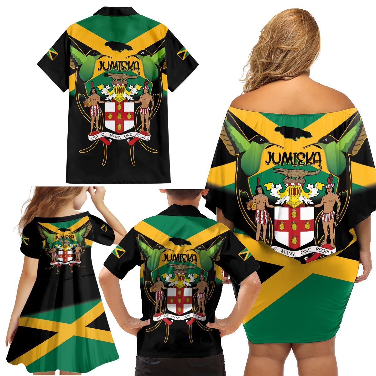 Jamaica Independence Day Family Matching Off Shoulder Short Dress and Hawaiian Shirt Jumieka Coat Of Arms Mix Hummingbird - Wonder Print Shop