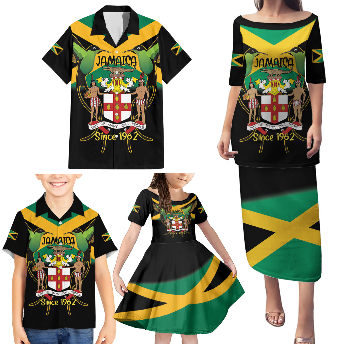 Jamaica Independence Day Family Matching Puletasi and Hawaiian Shirt Jumieka Coat Of Arms Mix Hummingbird - Wonder Print Shop