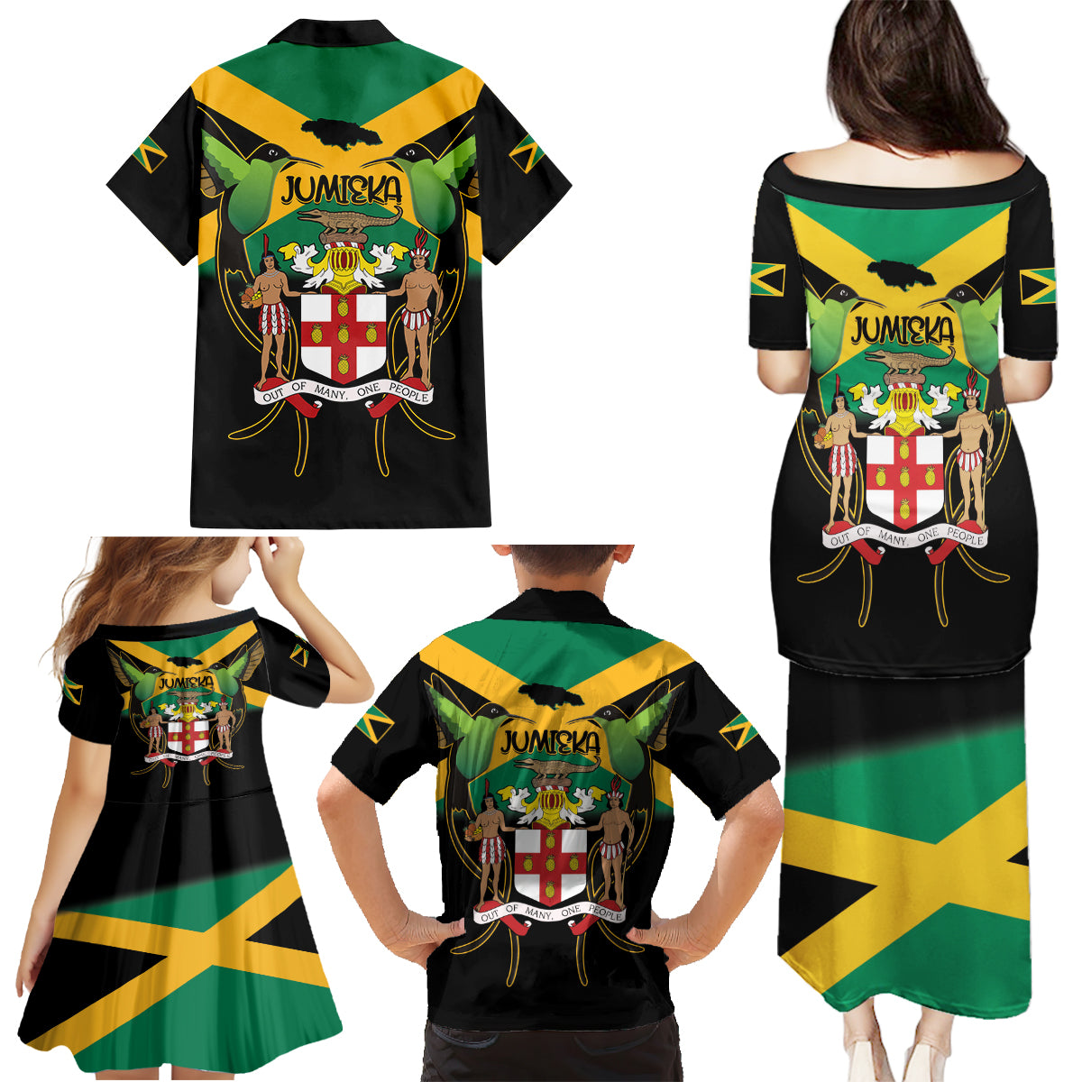 Jamaica Independence Day Family Matching Puletasi and Hawaiian Shirt Jumieka Coat Of Arms Mix Hummingbird - Wonder Print Shop