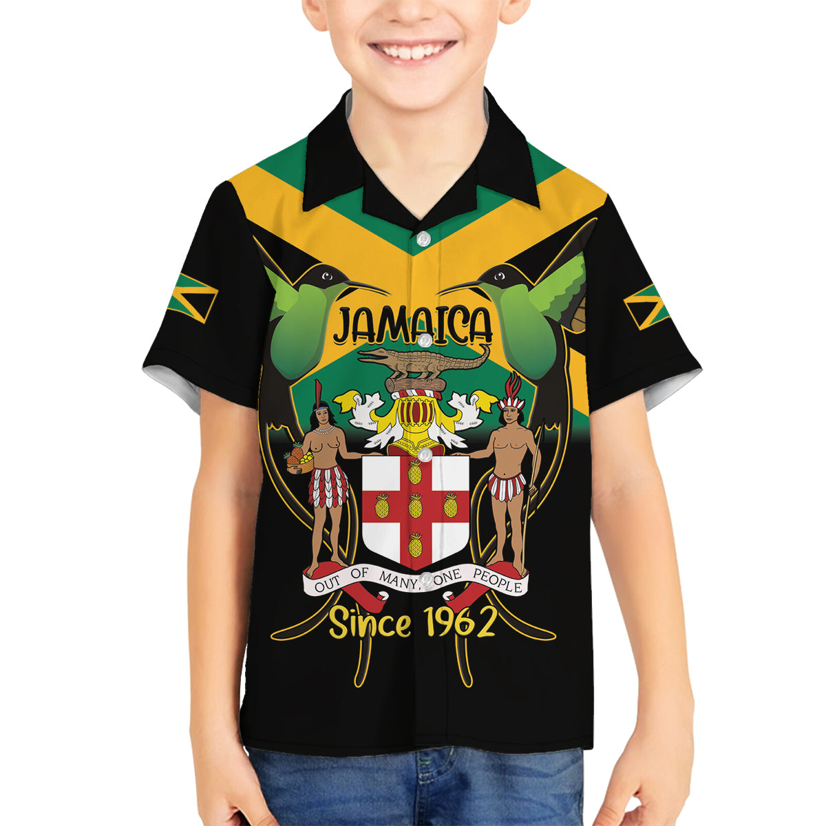 Jamaica Independence Day Family Matching Puletasi and Hawaiian Shirt Jumieka Coat Of Arms Mix Hummingbird - Wonder Print Shop