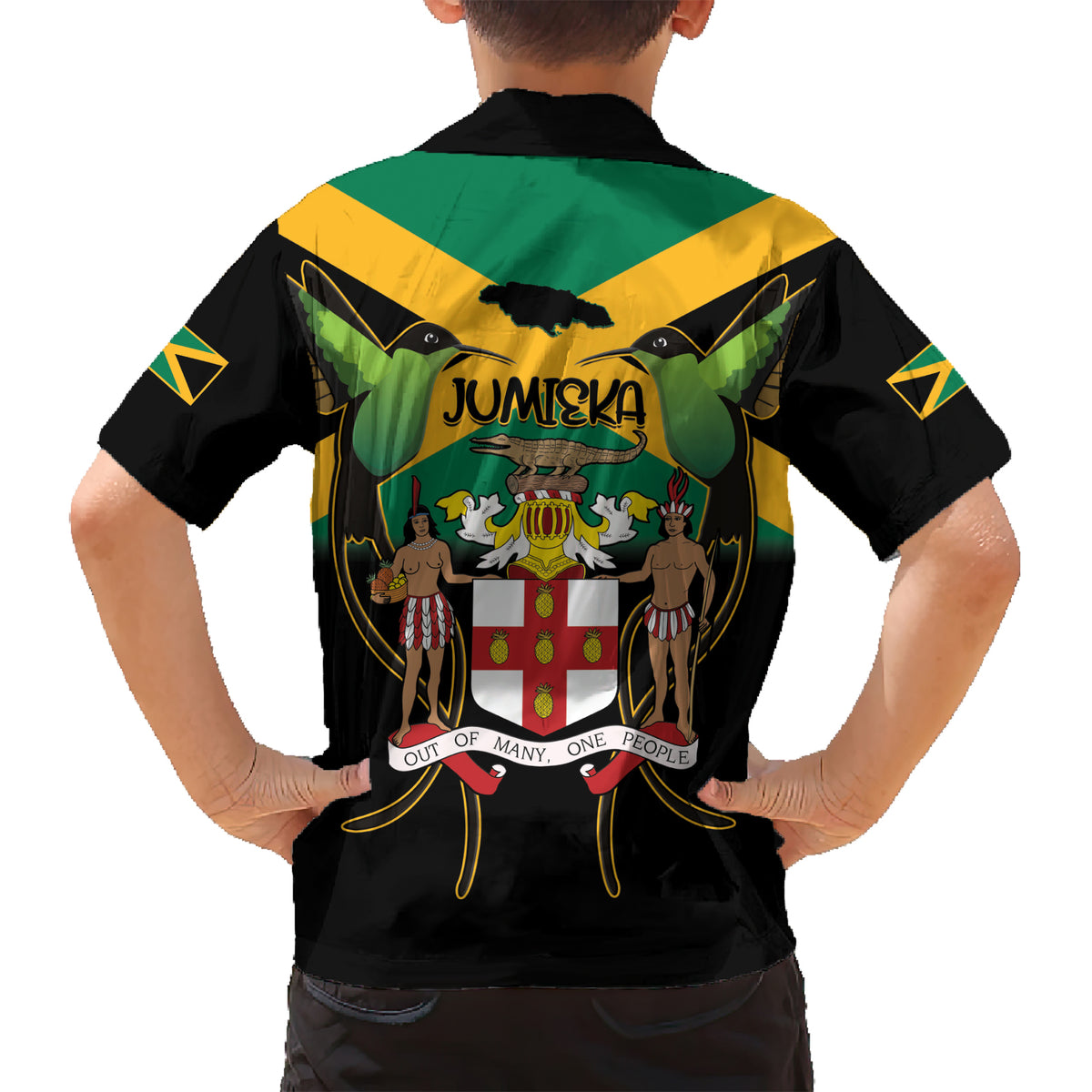 Jamaica Independence Day Family Matching Short Sleeve Bodycon Dress and Hawaiian Shirt Jumieka Coat Of Arms Mix Hummingbird - Wonder Print Shop