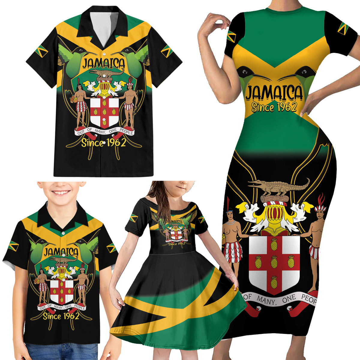 Jamaica Independence Day Family Matching Short Sleeve Bodycon Dress and Hawaiian Shirt Jumieka Coat Of Arms Mix Hummingbird - Wonder Print Shop