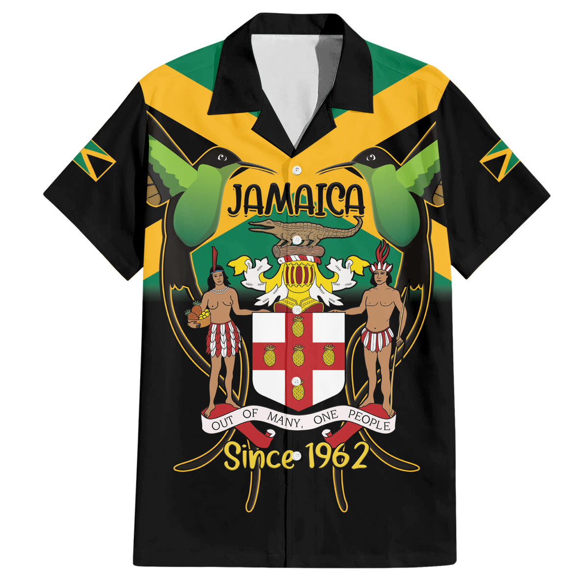 Jamaica Independence Day Family Matching Short Sleeve Bodycon Dress and Hawaiian Shirt Jumieka Coat Of Arms Mix Hummingbird - Wonder Print Shop