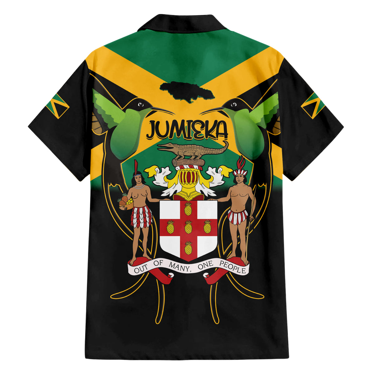Jamaica Independence Day Family Matching Short Sleeve Bodycon Dress and Hawaiian Shirt Jumieka Coat Of Arms Mix Hummingbird - Wonder Print Shop