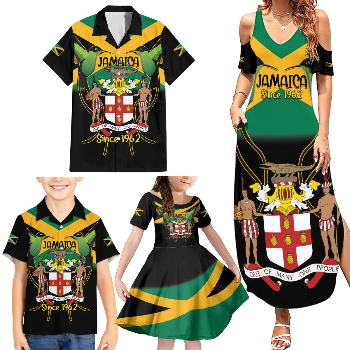 Jamaica Independence Day Family Matching Summer Maxi Dress and Hawaiian Shirt Jumieka Coat Of Arms Mix Hummingbird - Wonder Print Shop