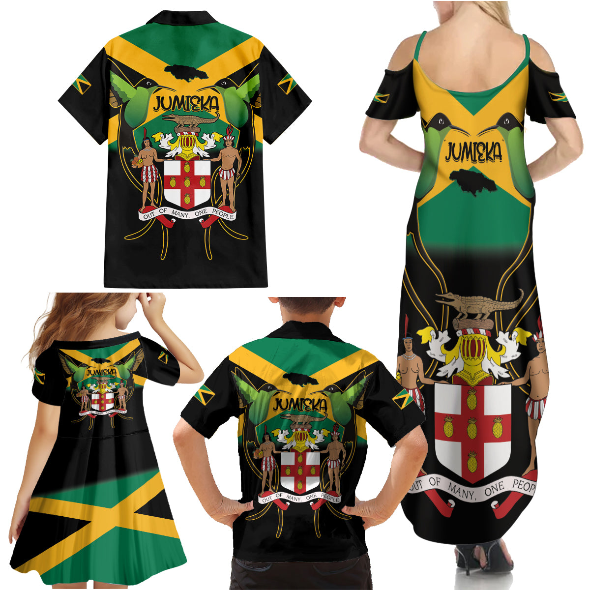 Jamaica Independence Day Family Matching Summer Maxi Dress and Hawaiian Shirt Jumieka Coat Of Arms Mix Hummingbird - Wonder Print Shop