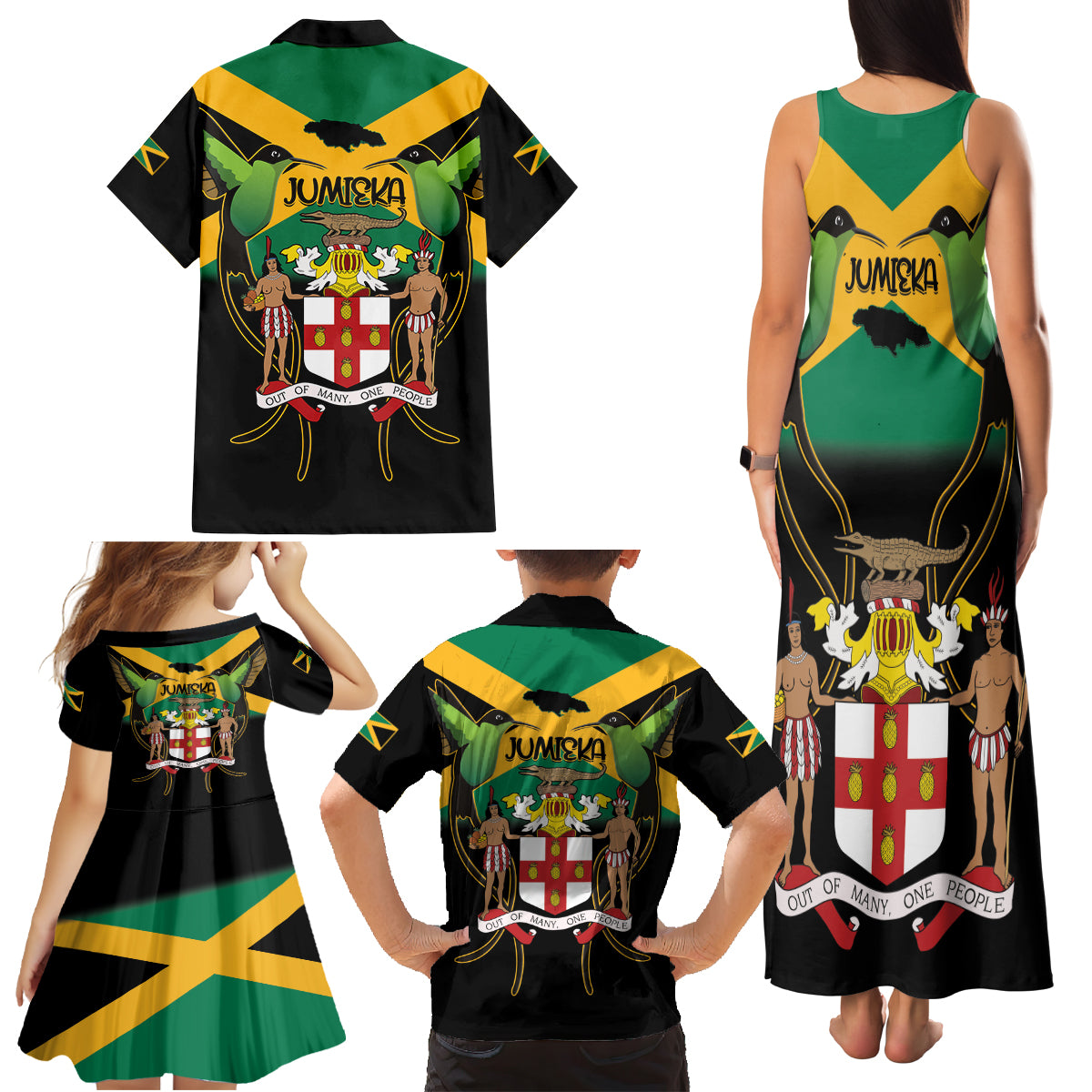 Jamaica Independence Day Family Matching Tank Maxi Dress and Hawaiian Shirt Jumieka Coat Of Arms Mix Hummingbird - Wonder Print Shop