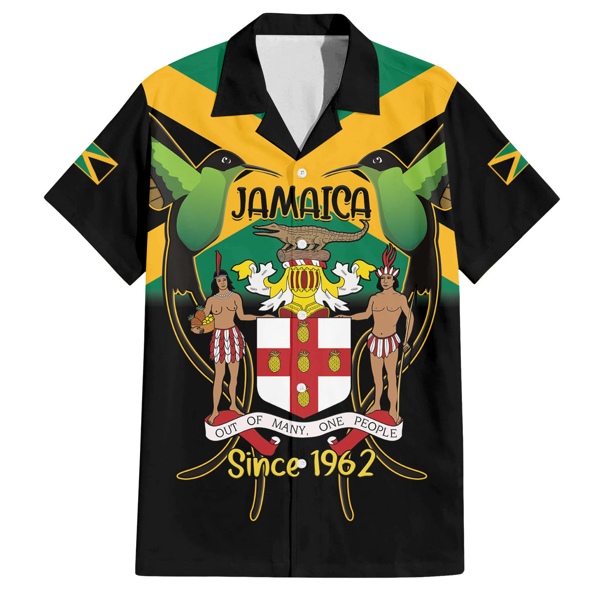 Jamaica Independence Day Family Matching Tank Maxi Dress and Hawaiian Shirt Jumieka Coat Of Arms Mix Hummingbird - Wonder Print Shop
