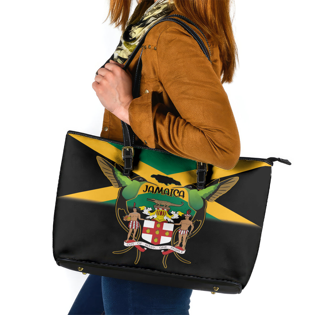 Jamaica Independence Day Leather Tote Bag Jumieka Coat Of Arms Mix Hummingbird - Wonder Print Shop