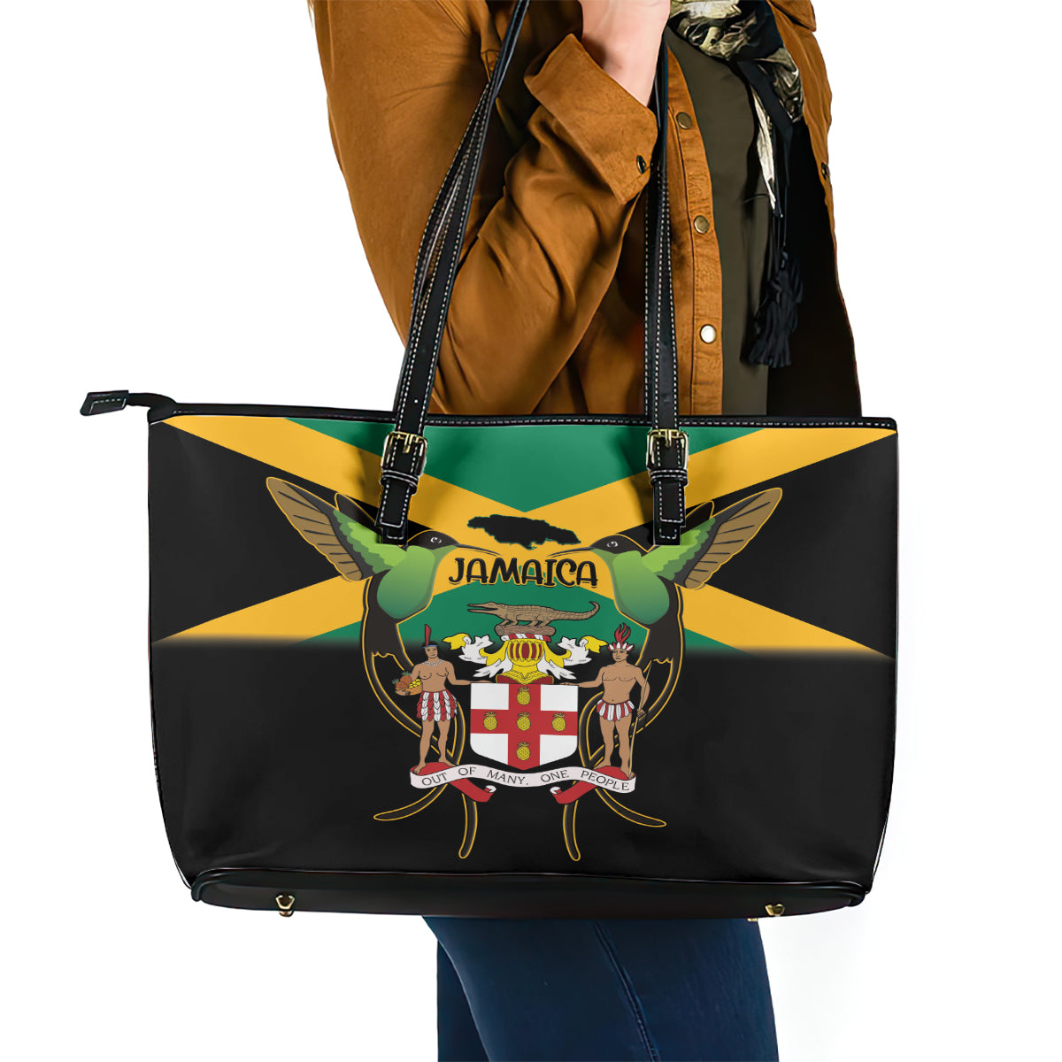 Jamaica Independence Day Leather Tote Bag Jumieka Coat Of Arms Mix Hummingbird - Wonder Print Shop