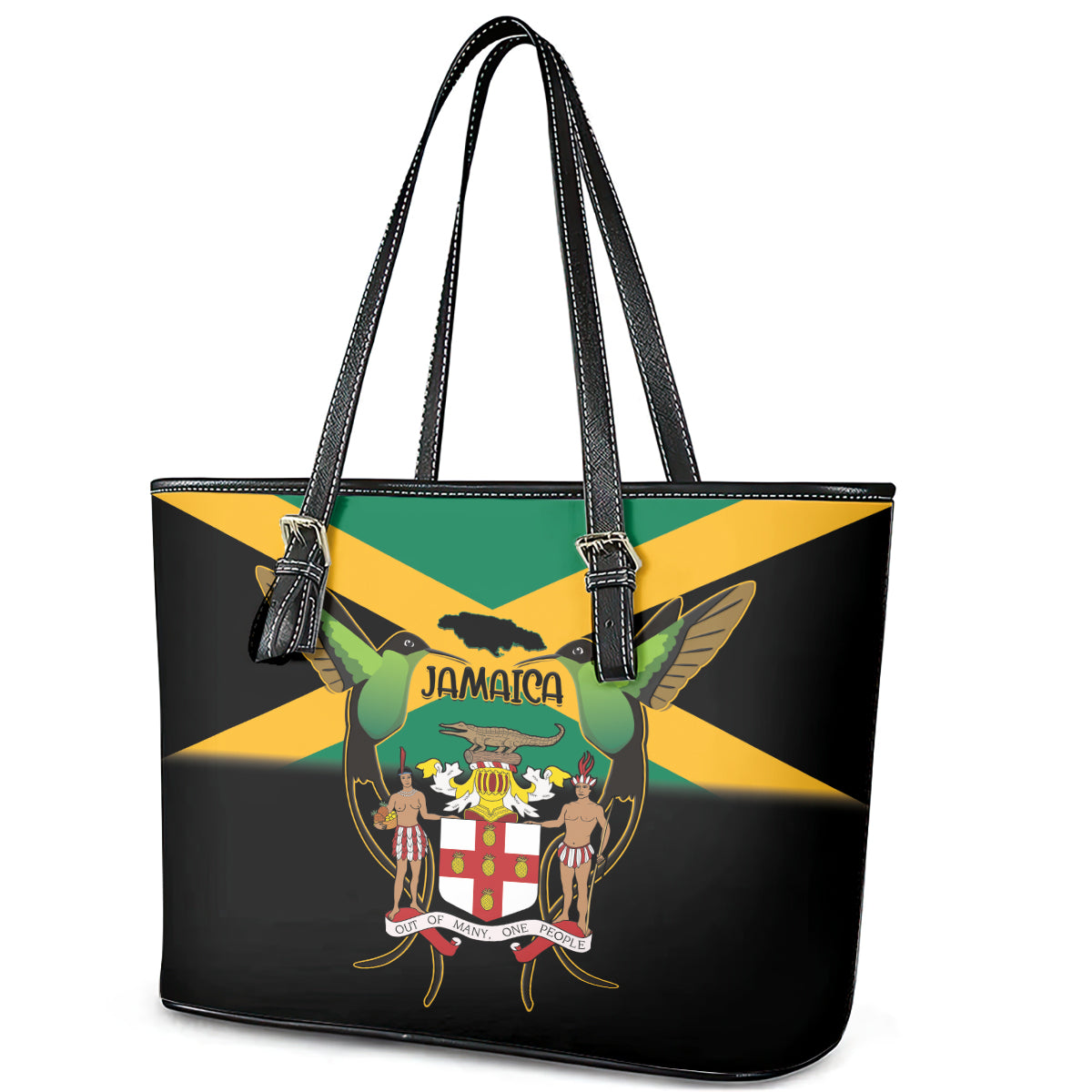 Jamaica Independence Day Leather Tote Bag Jumieka Coat Of Arms Mix Hummingbird - Wonder Print Shop
