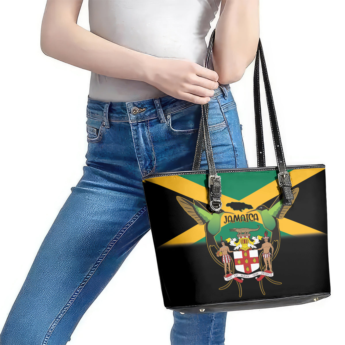 Jamaica Independence Day Leather Tote Bag Jumieka Coat Of Arms Mix Hummingbird - Wonder Print Shop
