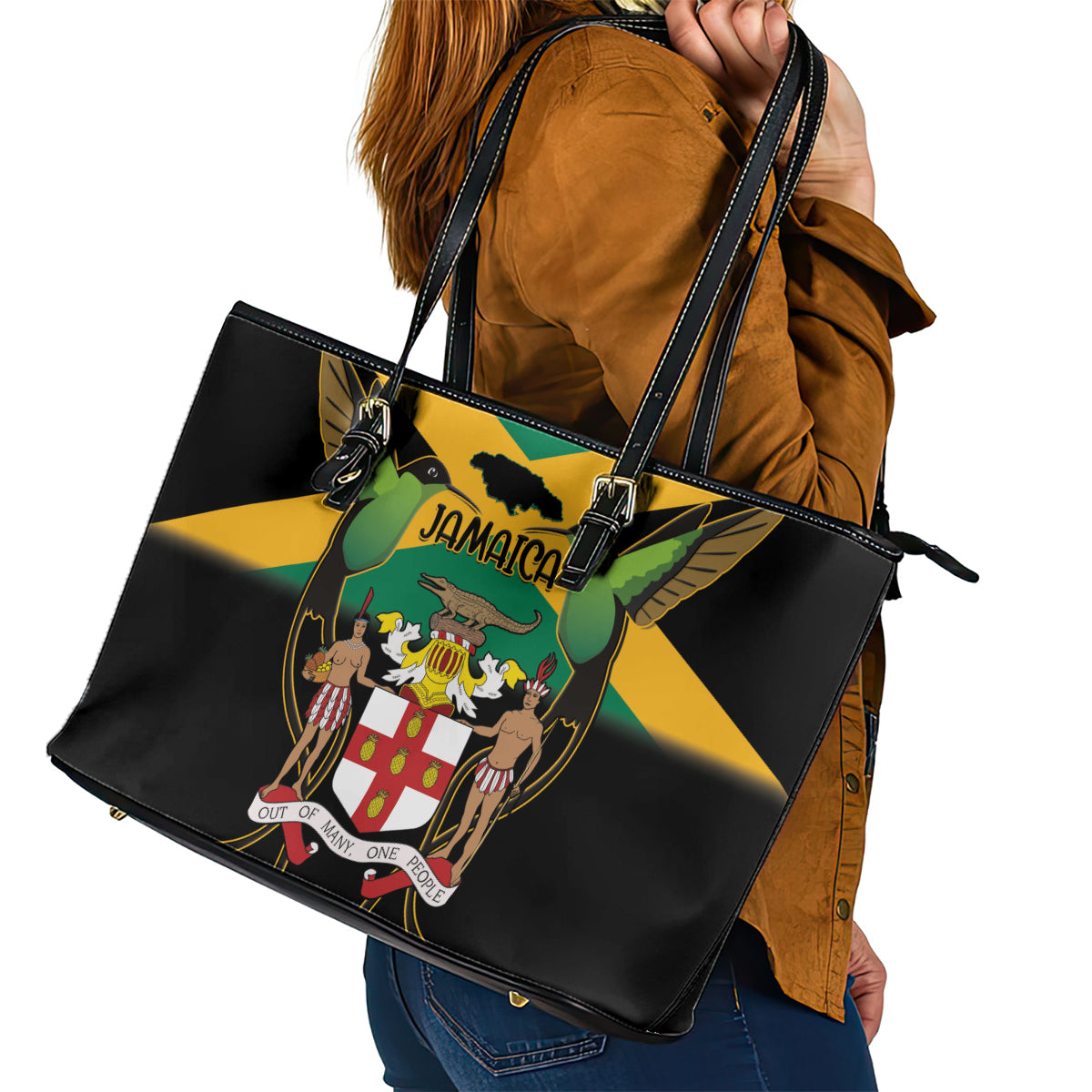 Jamaica Independence Day Leather Tote Bag Jumieka Coat Of Arms Mix Hummingbird - Wonder Print Shop